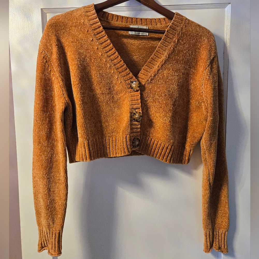 Urban Outfitters Orange Cropped Fit Chenille Cardigan Sweater Sz M